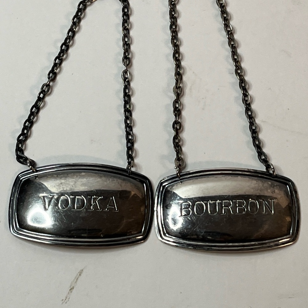Silver plated made in England VODKA' and 'BOURBON' Bottle Neck Tags - Set of 2